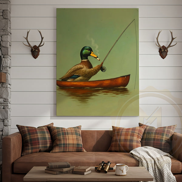 Maxcorners Funny Duck Fishing In Boat Smoking Rustic Lake Lodge Wall Art Wrapped Canvas
