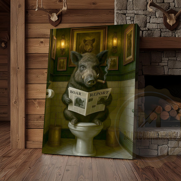 Maxcorners Funny Boar Reading Newspaper Rustic Bathroom Wall Art Wrapped Canvas