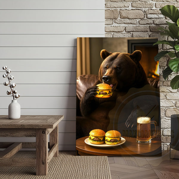 Maxcorners Funny Bear Eating Burger With Beer Rustic Lodge Wall Art Wrapped Canvas