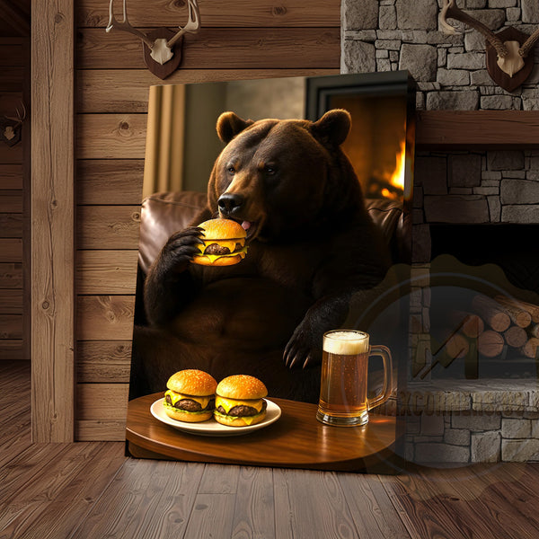 Maxcorners Funny Bear Eating Burger With Beer Rustic Lodge Wall Art Wrapped Canvas