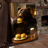 Maxcorners Funny Bear Eating Burger With Beer Rustic Lodge Wall Art Wrapped Canvas