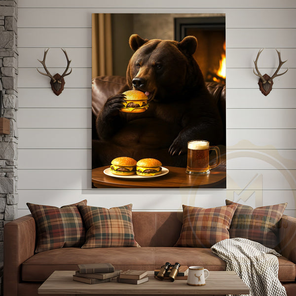 Maxcorners Funny Bear Eating Burger With Beer Rustic Lodge Wall Art Wrapped Canvas