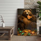Maxcorners Funny Bear Eating Pizza Drinking Beer Rustic Lodge Wall Art Wrapped Canvas