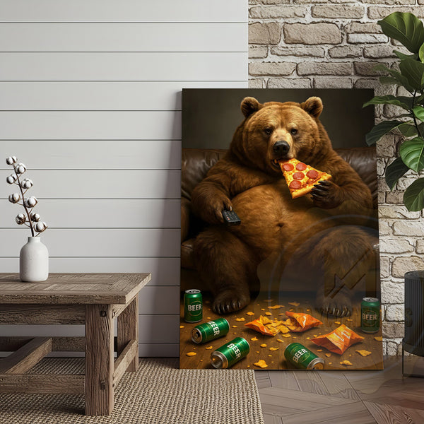 Maxcorners Funny Bear Eating Pizza Drinking Beer Rustic Lodge Wall Art Wrapped Canvas