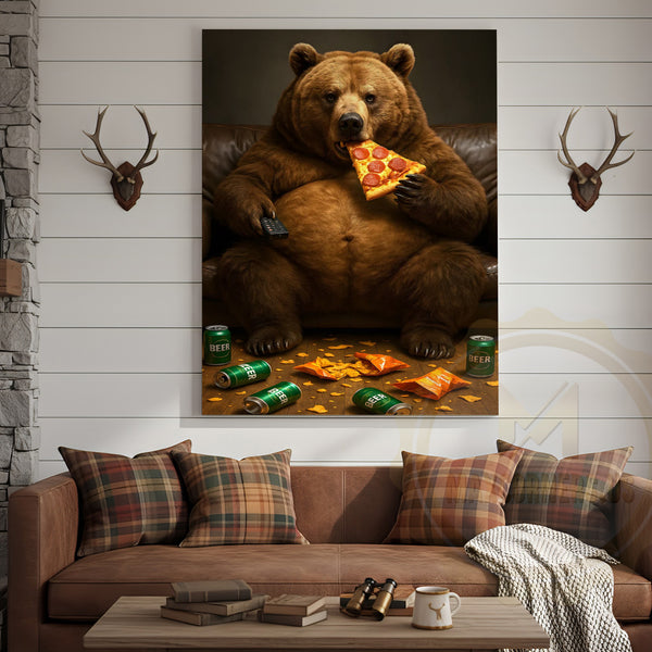 Maxcorners Funny Bear Eating Pizza Drinking Beer Rustic Lodge Wall Art Wrapped Canvas