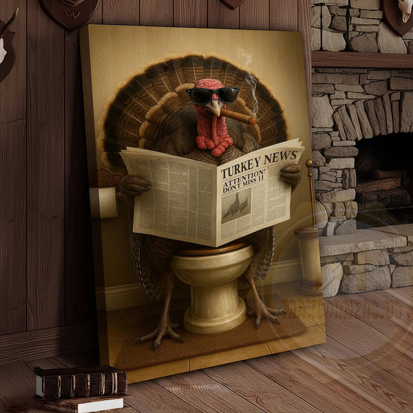 Maxcorners Turkey Reading Newspaper Smoking Cigar Funny Bathroom Art Wrapped Canvas
