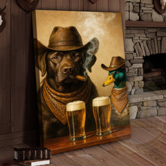 Maxcorners Cowboy Dog Funny and Duck Drinking Beer Western Bar Art Wrapped Canvas