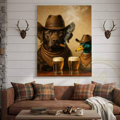 Maxcorners Cowboy Dog Funny and Duck Drinking Beer Western Bar Art Wrapped Canvas