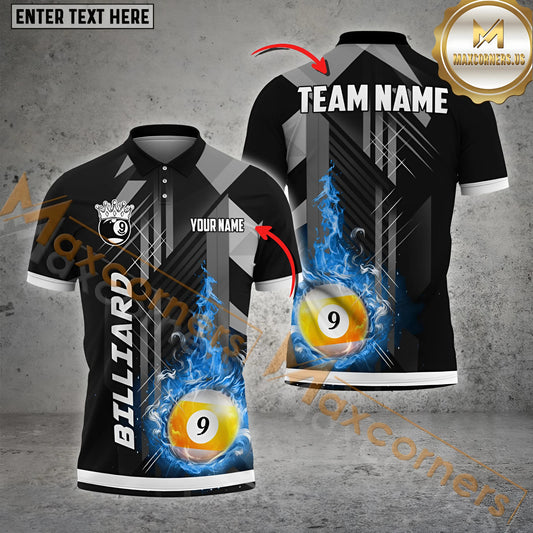 Maxcorners Billiard Grey Line Fire 9 Ball Pattern Personalized Name, Team Name 3D Polo Shirt (4 Colors)