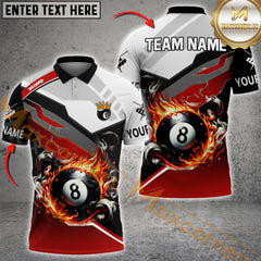 Maxcorners Billiard Grey Rhombus Fire 8 Ball Pattern Personalized Name, Team Name 3D Polo Shirt (4 Colors)