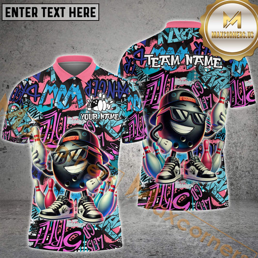 Maxcorners Bowling Ball & Pins Graffiti Funny Bowling Ball Multicolor Options Personalized Name, Team Name 3D Shirt (4 Colors)