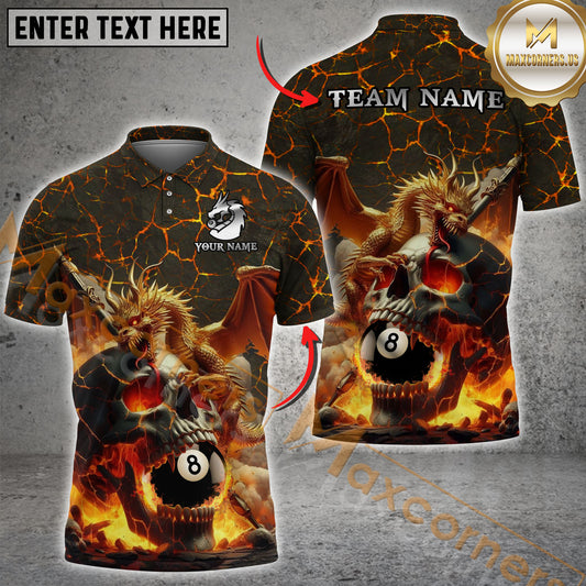 Maxcorners Billiard Skull With Dragon 8 Ball Pattern Multicolor Options Personalized Name, Team Name 3D Polo Shirt (4 Colors)