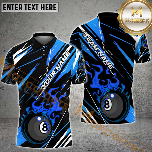 Maxcorners Billiard 8 Ball Flame Pattern Multicolor Option Customized Name, Team Name 3D Polo Shirt (4 Colors)
