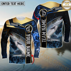 Maxcorners Chinook Fishing Golden With Blue Flame Pattern Sport Jersey Personalized Name, Team Name Long Sleeve Shirt