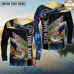 Maxcorners Pike Fishing Golden With Blue Flame Pattern Sport Jersey Personalized Name, Team Name Long Sleeve Shirt