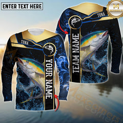 Maxcorners Tuna Fishing Golden With Blue Flame Pattern Sport Jersey Personalized Name, Team Name Long Sleeve Shirt