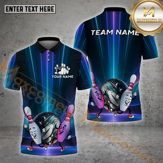 Maxcorners Bowling Dancing Pins & Ball Multicolor Options Personalized Name, Team Name 3D Shirt (4 Colors)