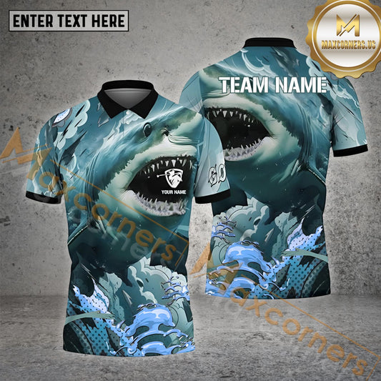 Maxcornera Golf Customized Name Golf Player Shark Sea Wave Pattern Multicolor Sport Jersey Pattern Custom 3D Polo Shirt (4 Colors)