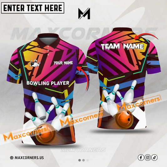 Maxcorners Bowling Ball And Pins Colorful Pattern Multicolor Option Customized Name, Team Name 3D Shirt (3 colors)