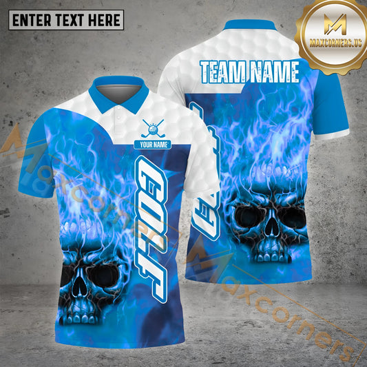 Maxcorners Golf Ball Fire Skull Pattern Multicolor Option Customized Name, Team Name 3D Polo Shirt (4 colors)