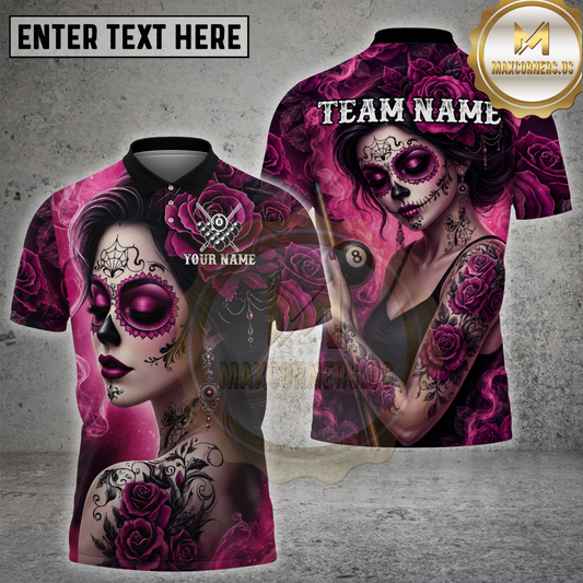 Maxcorners Sugar Skull Billiards Shirt Rose Tattoo Gothic Art Multicolor Options Personalized Name, Team Name 3D Shirt (4 Colors)