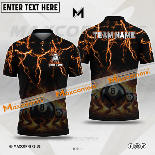 Maxcorners Billiard Thunder Fire Ball Pattern Multicolor Options Personalized Name, Team Name 3D Polo Shirt (4 Colors)