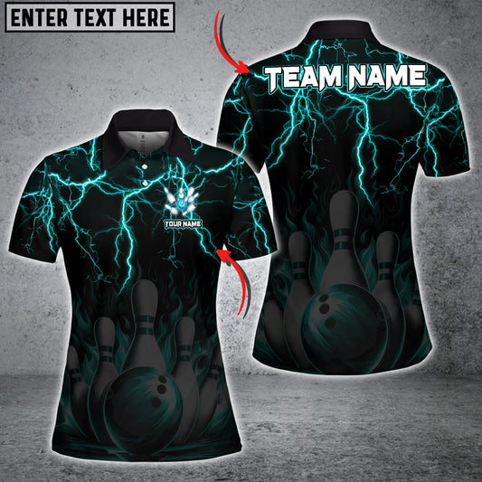 Maxcorners Bowling & Pins Flame Thunder Pattern Multicolor Option Customized Name, Team Name 3D Polo Shirt For Women (6 Colors)