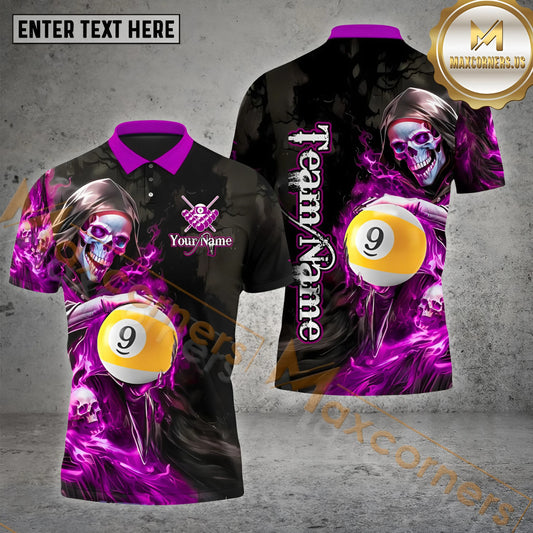 Maxcorners Flame Grim Reaper Holding 9 Ball Billiard Jersey Multicolor Options Personalized Name, Team Name 3D Polo Shirt (4 Colors)