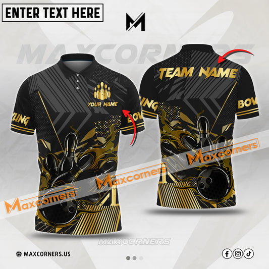 Maxcorners Black Flaming Bowling Ball And Pins Multicolor Option Customized Name, Team Name 3D Shirt For Bowling Player(5 colors)