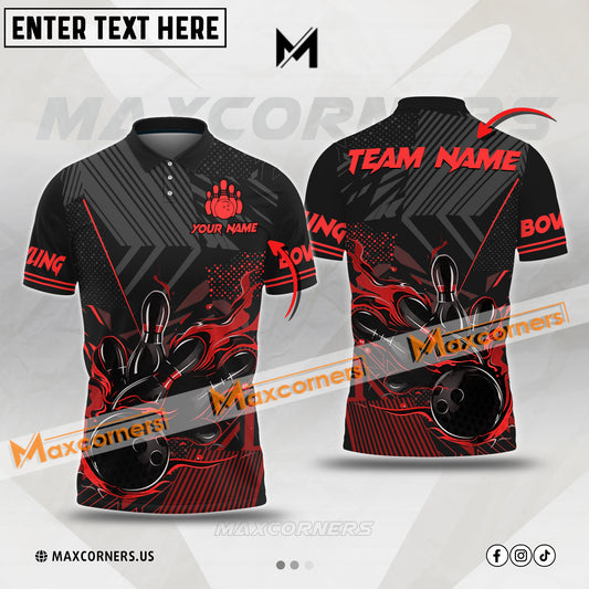 Maxcorners Black Flaming Bowling Ball And Pins Multicolor Option Customized Name, Team Name 3D Shirt For Bowling Player(5 colors)