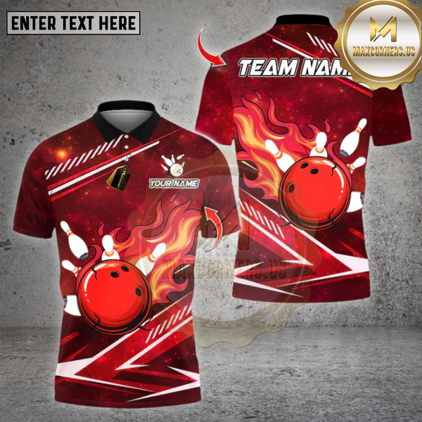 Maxcorners Bowling Shirts  Flame Bowling Design, Personalized Bowling Polo for Men Women, Personalized Name Team 3D Shirt