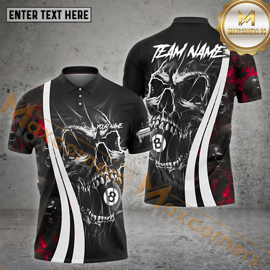 Maxcorners Billiard 8 Ball Skull Hell Jersey Sport Multicolor Options Personalized Name, Team Name 3D Polo Shirt (4 Colors)
