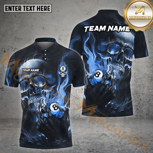 Maxcorners Billiard 8 Ball Blazing Skull Jersey Sport Multicolor Options Personalized Name, Team Name 3D Polo Shirt (4 Colors)