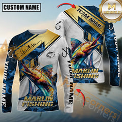 Maxcorners Marlin Fishing Blue Flame With Golden Line Hook Design Pattern Sport Jersey Personalized Name, Team Name Long Sleeve Shirt