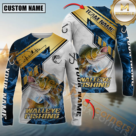 Maxcorners Walleye Fishing Blue Flame With Golden Line Hook Design Pattern Sport Jersey Personalized Name, Team Name Long Sleeve Shirt