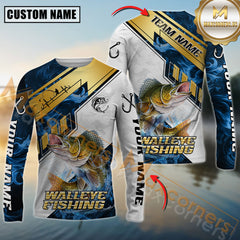 Maxcorners Walleye Fishing Blue Flame With Golden Line Hook Design Pattern Sport Jersey Personalized Name, Team Name Long Sleeve Shirt