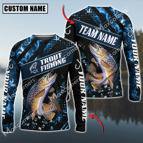 Maxcorner Trout Fishing Sun Protection Blue Smoke Pattern Personalized Name And Team Name Long Sweat Shirt