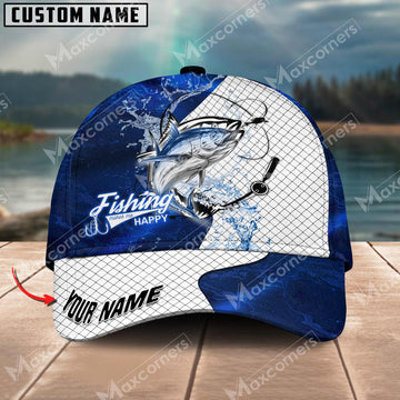 Maxcorners Tuna Fishing Dark Blue Pattern Personalized Name Metal Pattern 3D Classic Cap
