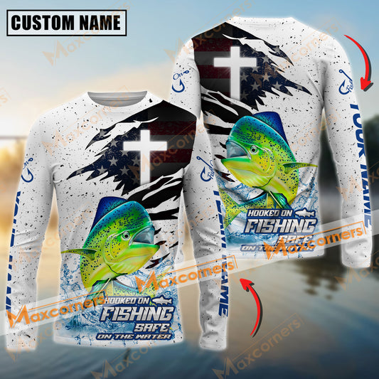 Maxcorners Mahi-Mahi Fishing Hooked On Fishing, Safe On The Water Sport Jersey Cross Pattern Personalized Name, Team Name Long Sleeve Shirt