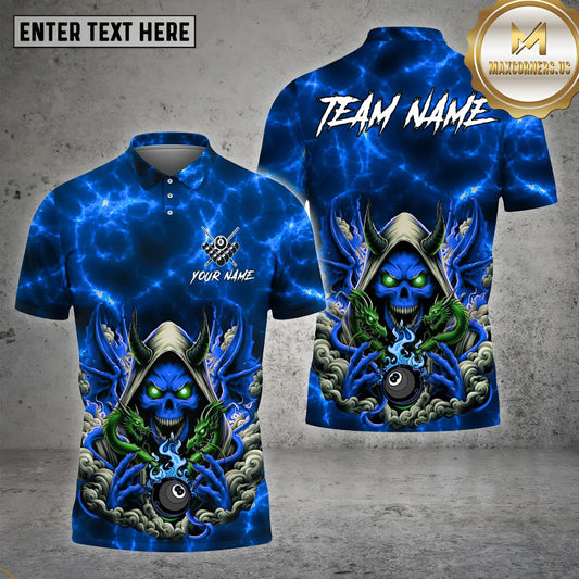 Maxcorners Devil With Two Dragon  Billiard Ball 8 Fire Multicolor Options Personalized Name, Team Name 3D Polo Shirt (4 Colors)