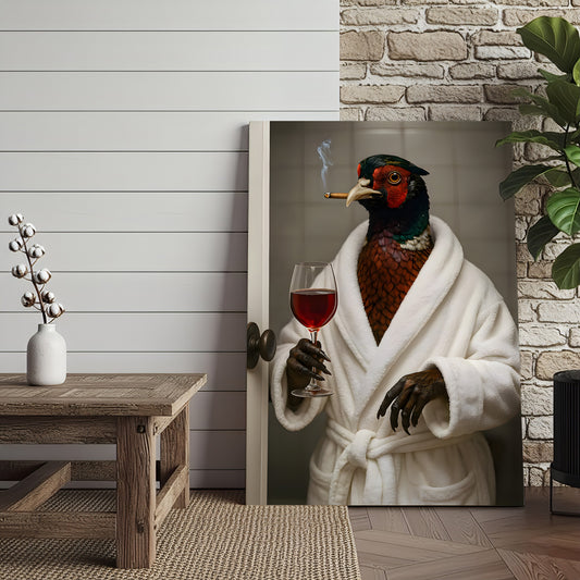 Maxcorners Funny Pheasant Canvas Wall Art – Smoking Bird in Bathrobe with Wine, Vintage Animal Humor Wall Art