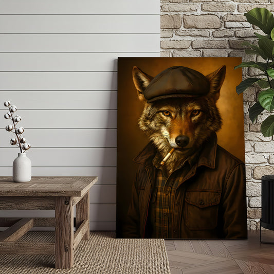 Maxcorners Cool Wolf in Flat Cap Canvas Wall Art – Vintage Funny Animal Portrait Canvas