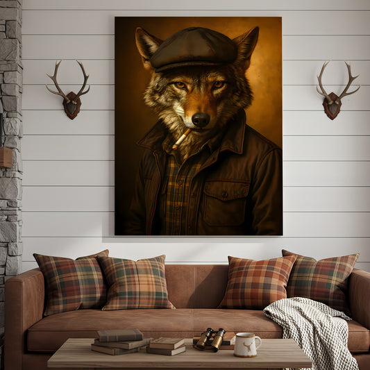 Maxcorners Cool Wolf in Flat Cap Canvas Wall Art – Vintage Funny Animal Portrait Canvas