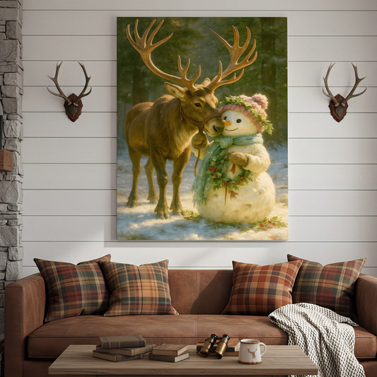 Maxcorners Reindeer and Snowman Friends Christmas Canvas Wall Art, Whimsical Winter Forest Holiday Print, Cozy Woodland Farmhouse Christmas Decor