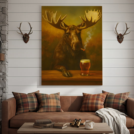 Maxcorners Moose Smoking & Drinking Canvas - Rustic Bar Wall Art Hunting Lodge & Man Cave Decor