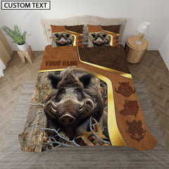 Maxcorners Custom Text Boar Hunting Grass Brown Camo Leather Pattern Version 2 Golden Line Bedding Set 3D All Over Printed