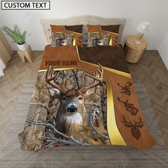 Maxcorners Custom Text Deer Hunting Grass Brown Camo Leather Pattern Version 2 Golden Line Bedding Set 3D All Over Printed