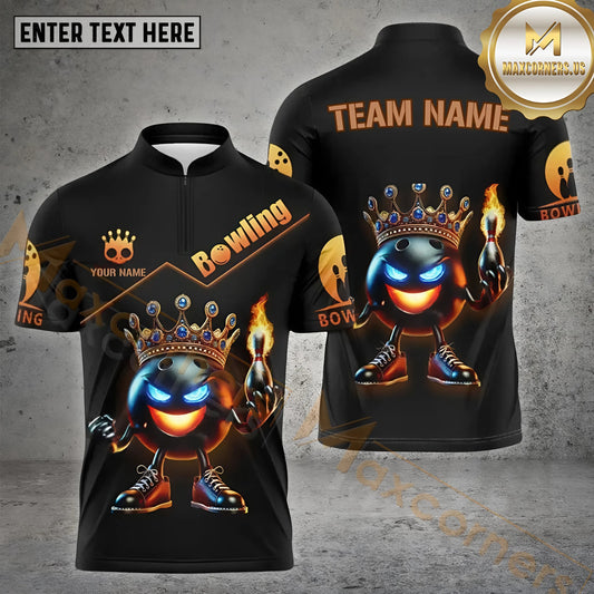 Maxcorners Bowling & Pins Flame Pins And King Bowling Ball Pattern  Multicolor Option Customized Name, Team Name 3D Polo Shirt (4 Colors)