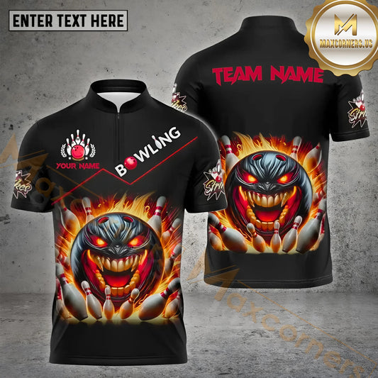 Maxcorners Bowling & Pins Flame Angry Bowling Ball Pattern  Multicolor Option Customized Name, Team Name 3D Polo Shirt (4 Colors)