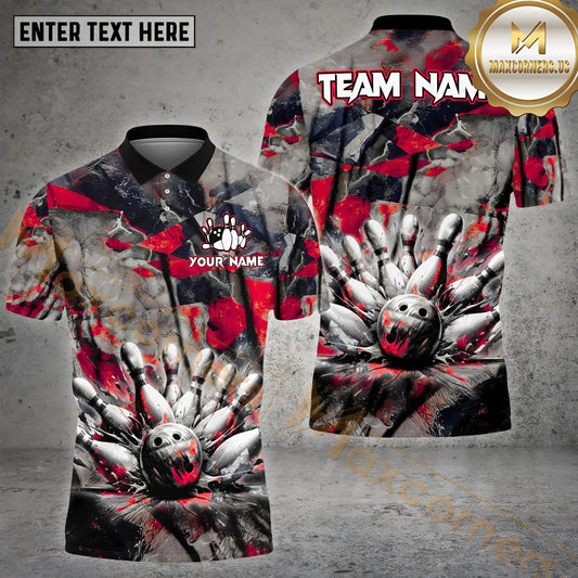 Maxcorners Stone Bowling & Pins Pattern Multicolor Option Customized Name, Team Name 3D Polo Shirt (4 Colors)